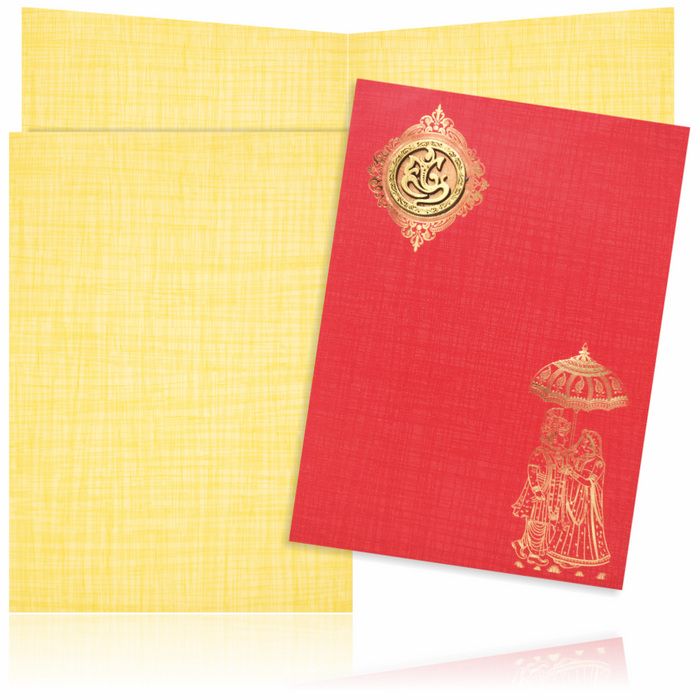 Red Classic Paper Print Bride And Groom Wedding Card With Ganesha Emblem-KNCP814R-King of Cards