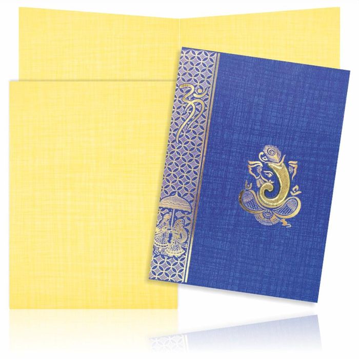 Blue Prince Paper Print Hindu Wedding Card With Gold Foiling Print Design-KNPM709B-King of Cards