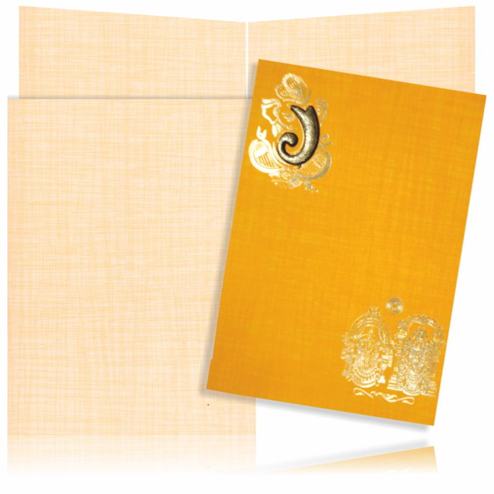Orange Color Prince Paper Hindu Wedding Card With Balaji And Pamavathi In Gold-KNPM710O-King of Cards