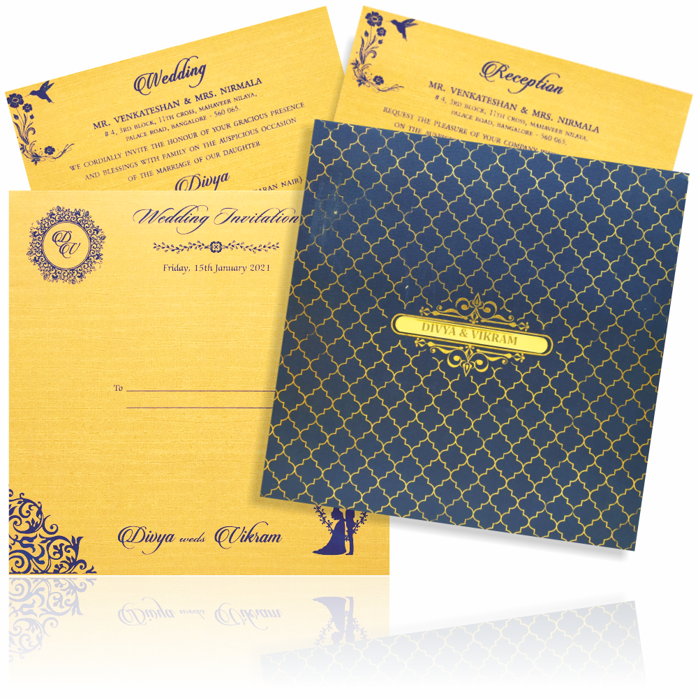 Blue Padded Satin Wedding Invitation Card With Name Plate-KNPS6505B