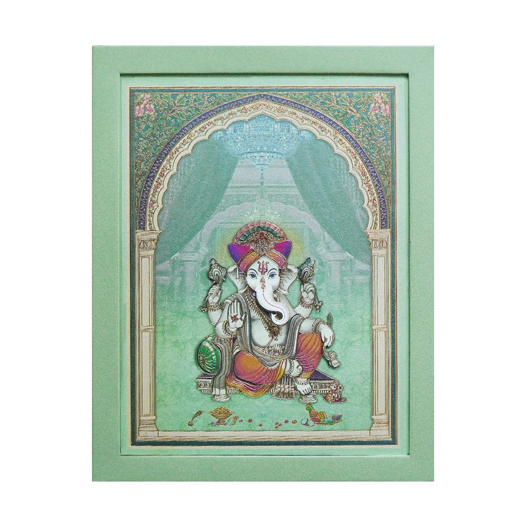 Mint Green Ganesha Padded Wedding Invitation Card-KPR24740