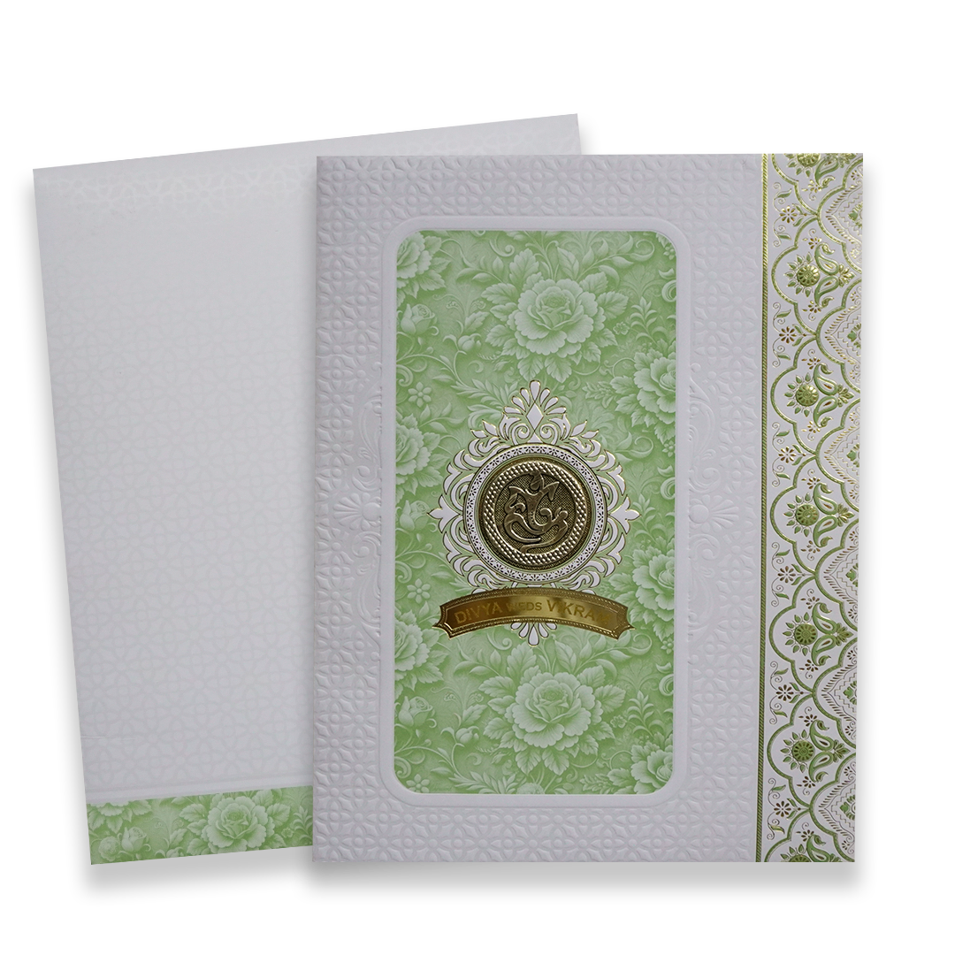 Green White Ganesha Floral Wedding Card - KNJS2087G