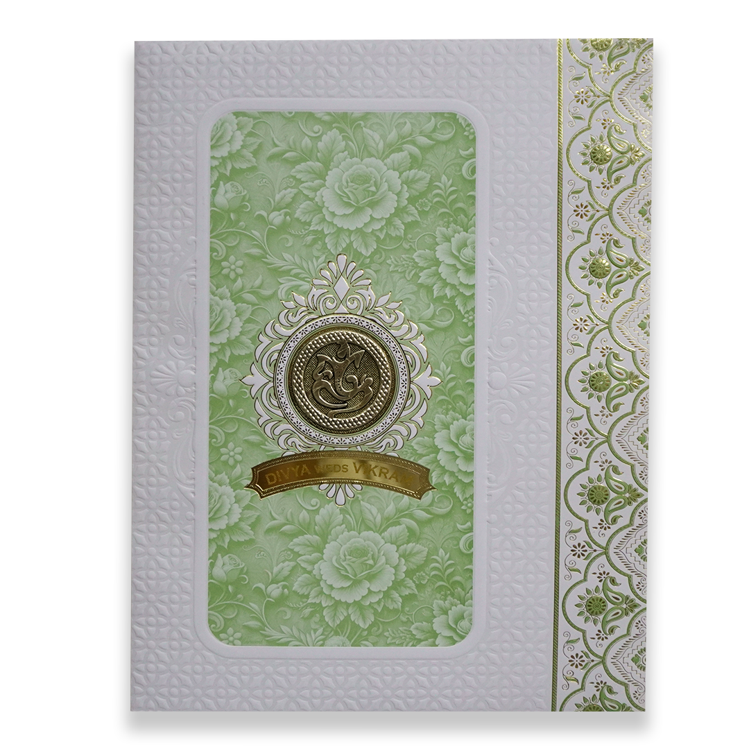 Green White Ganesha Floral Wedding Card - KNJS2087G