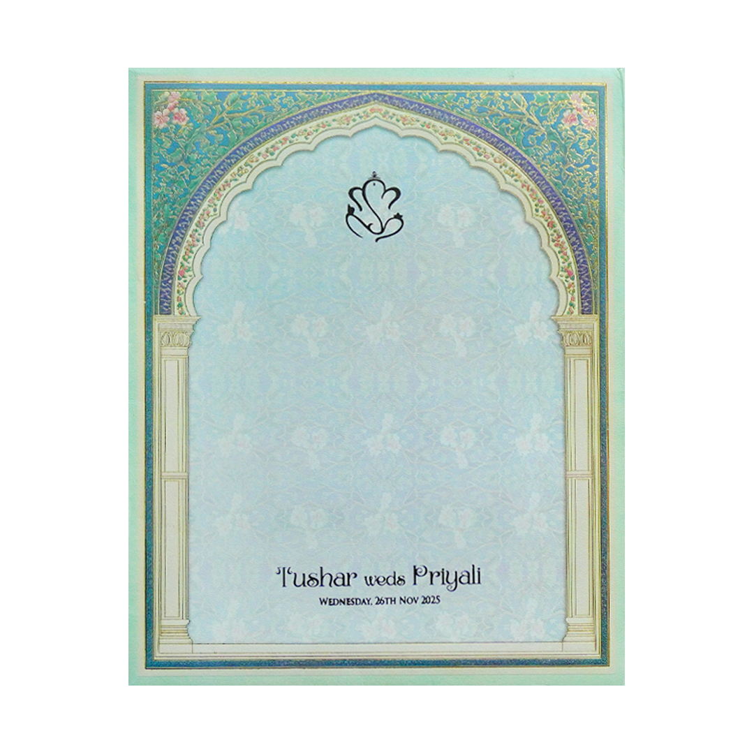 Mint Green Ganesha Padded Wedding Invitation Card-KPR24740