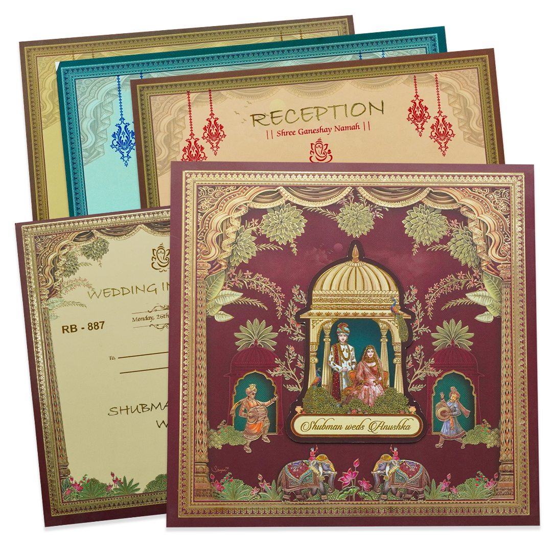 Royal Maroon Floral Padded Wedding Card - KRB08870