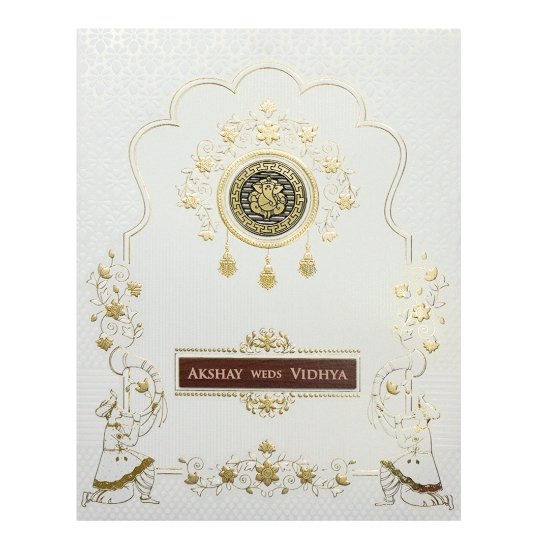 White Ganesha Gold Floral Wedding Card-KSH73620