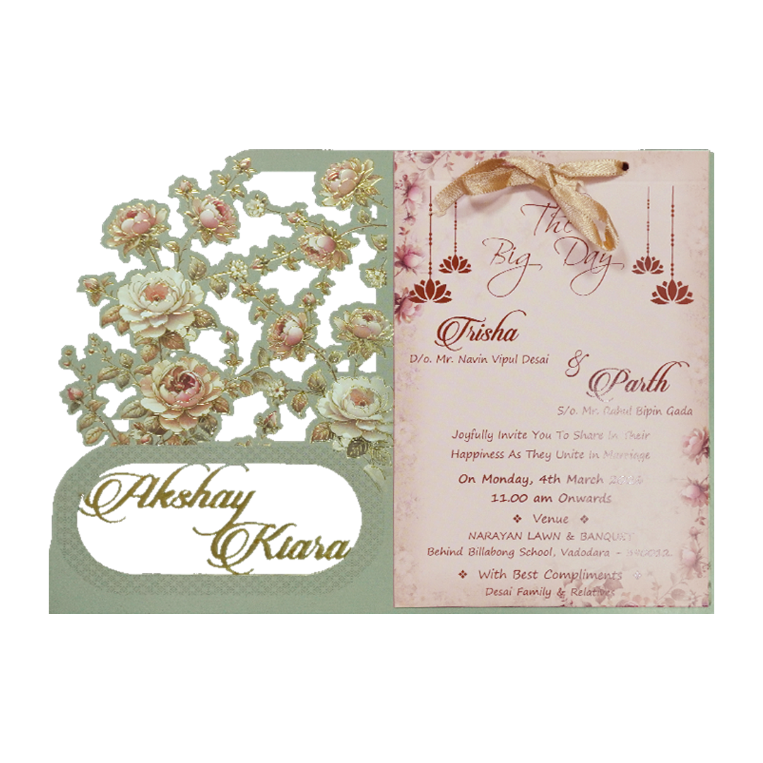 Green Floral Cutwork Wedding Card-KSH72880