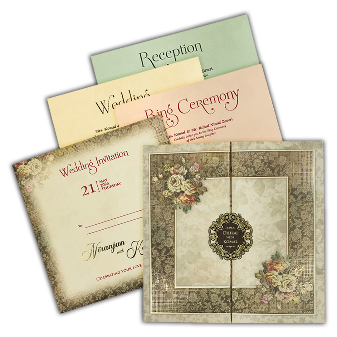Cream Floral Padded Wedding Card-KSH72670