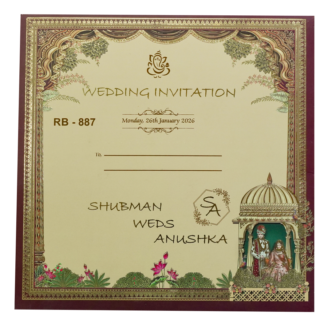 Royal Maroon Floral Padded Wedding Card - KRB08870