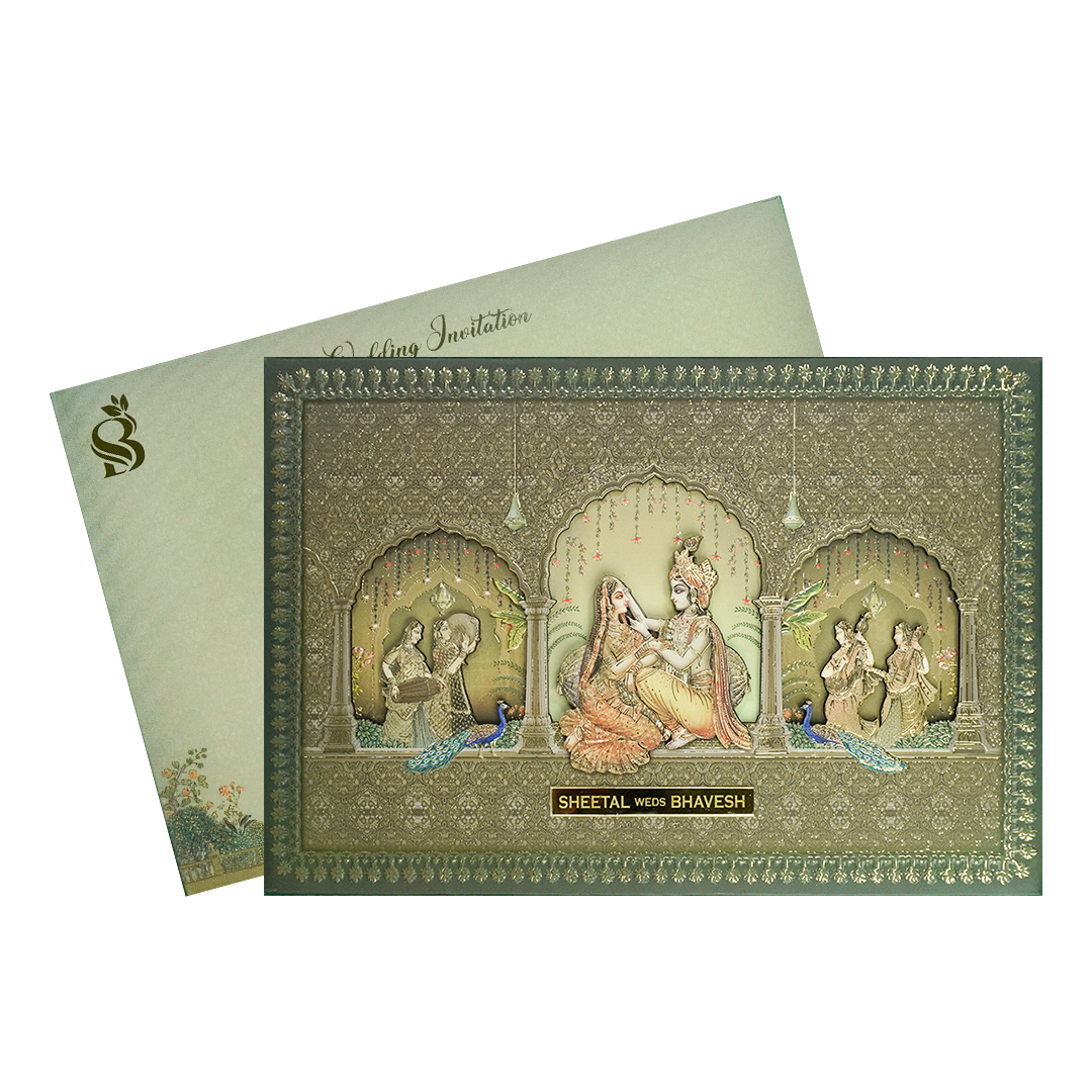 Metallic Green Radha Krishna Padded Wedding Card-KSI64220