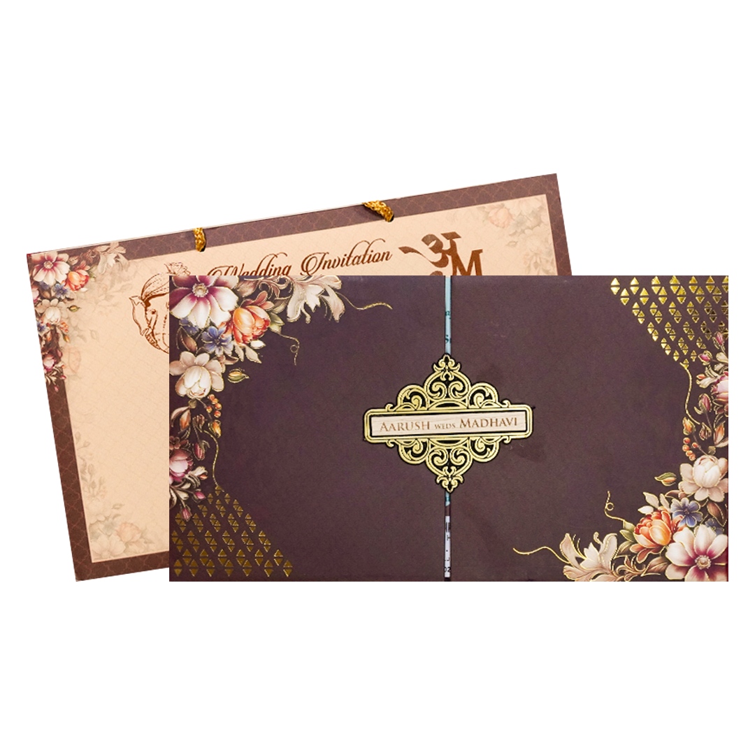 Brown Floral Padded Wedding Card-KSH72270