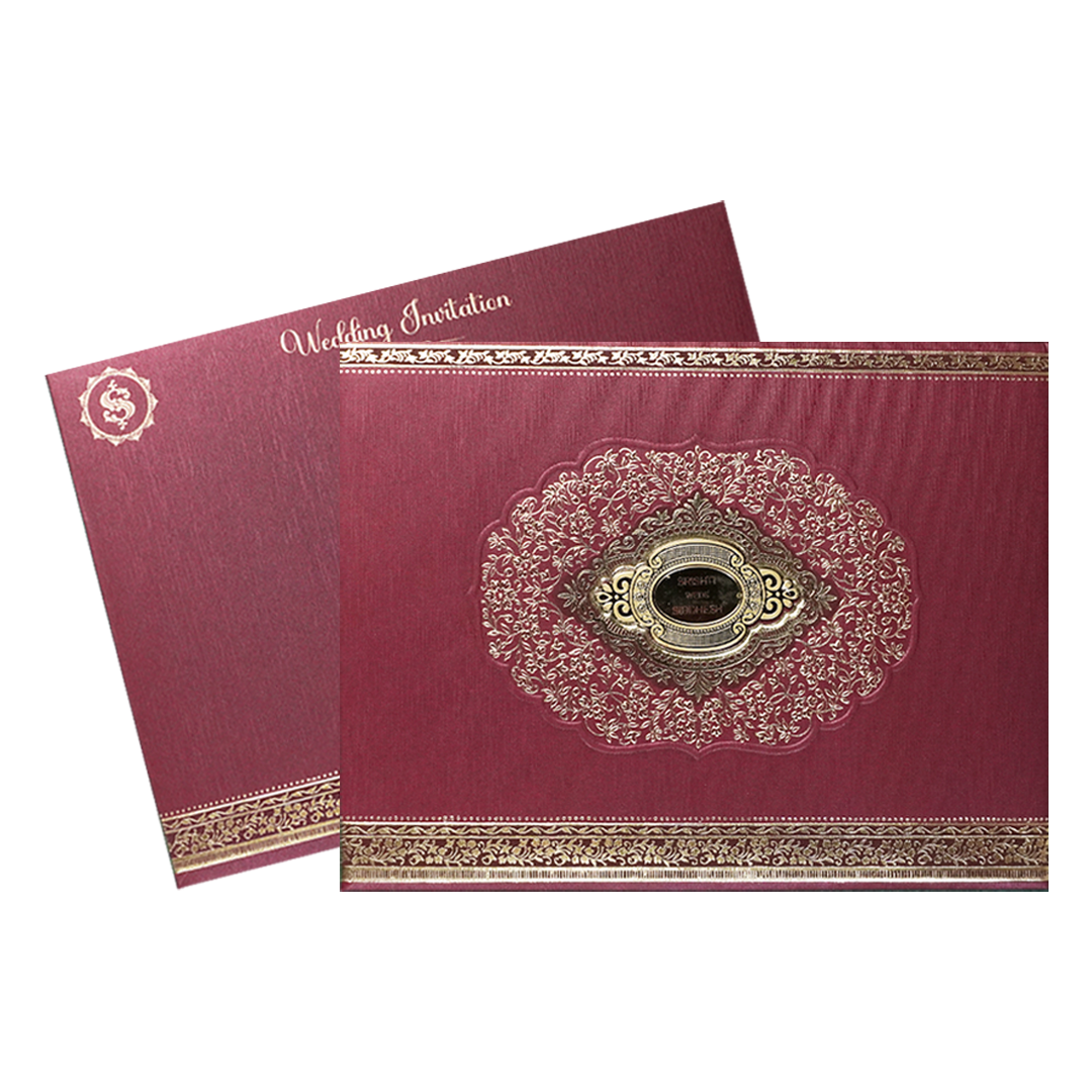 Maroon Baroque Floral Wedding Invitation Card-KSI64370