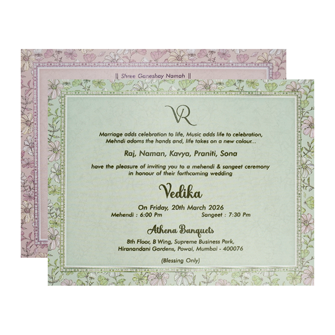 Grey Pastel Floral Border Padded Wedding Card-KSI64160