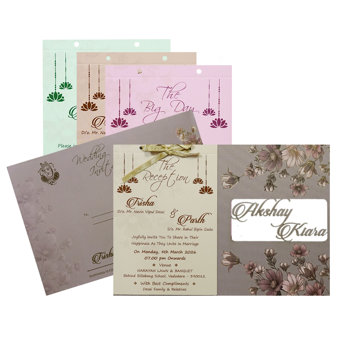 Check out Grey Pink Floral Laser-Cut Wedding Card at best price.✅WhatsApp Support ✅Express Delivery