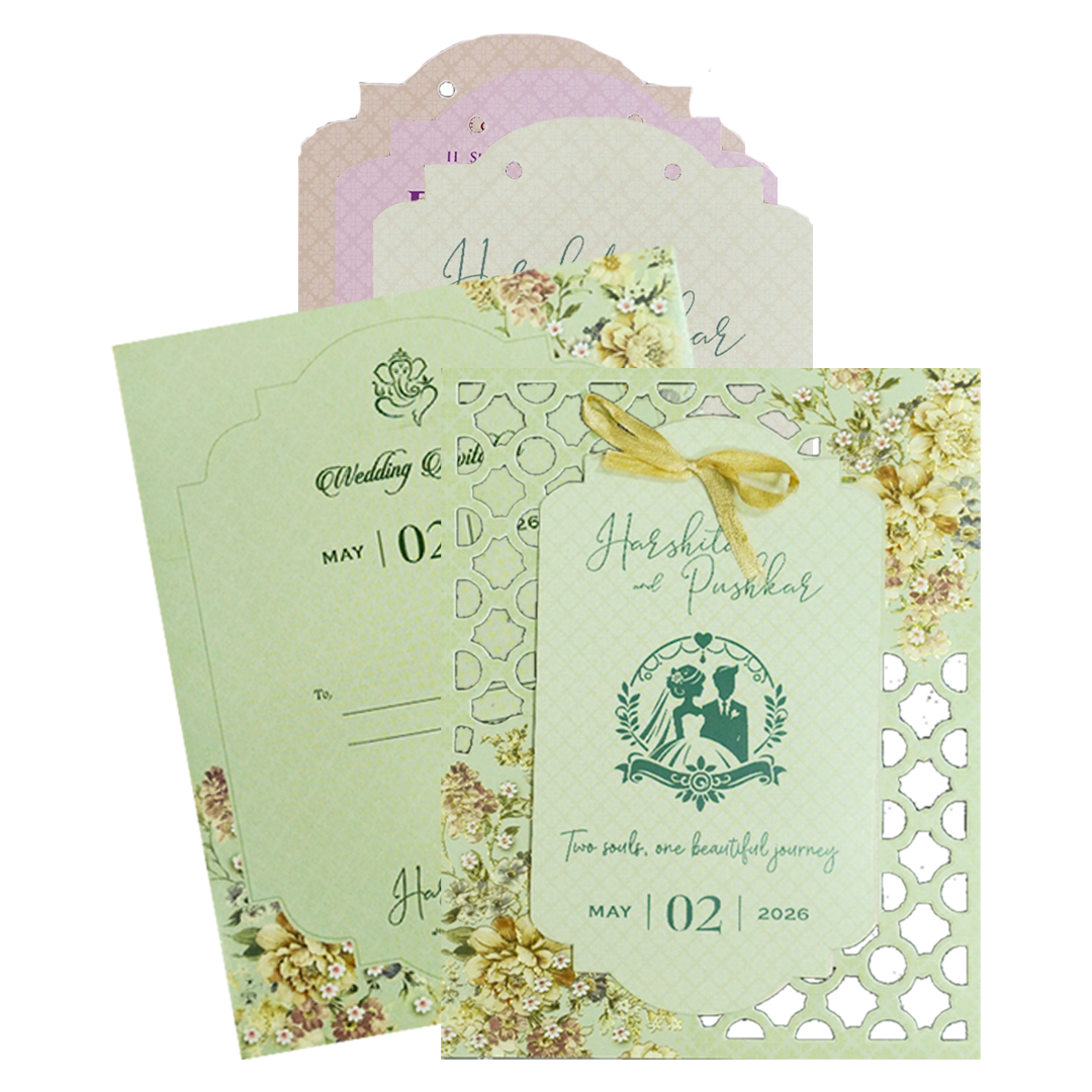 Green Floral Laser Cut Wedding Card-KSH72900