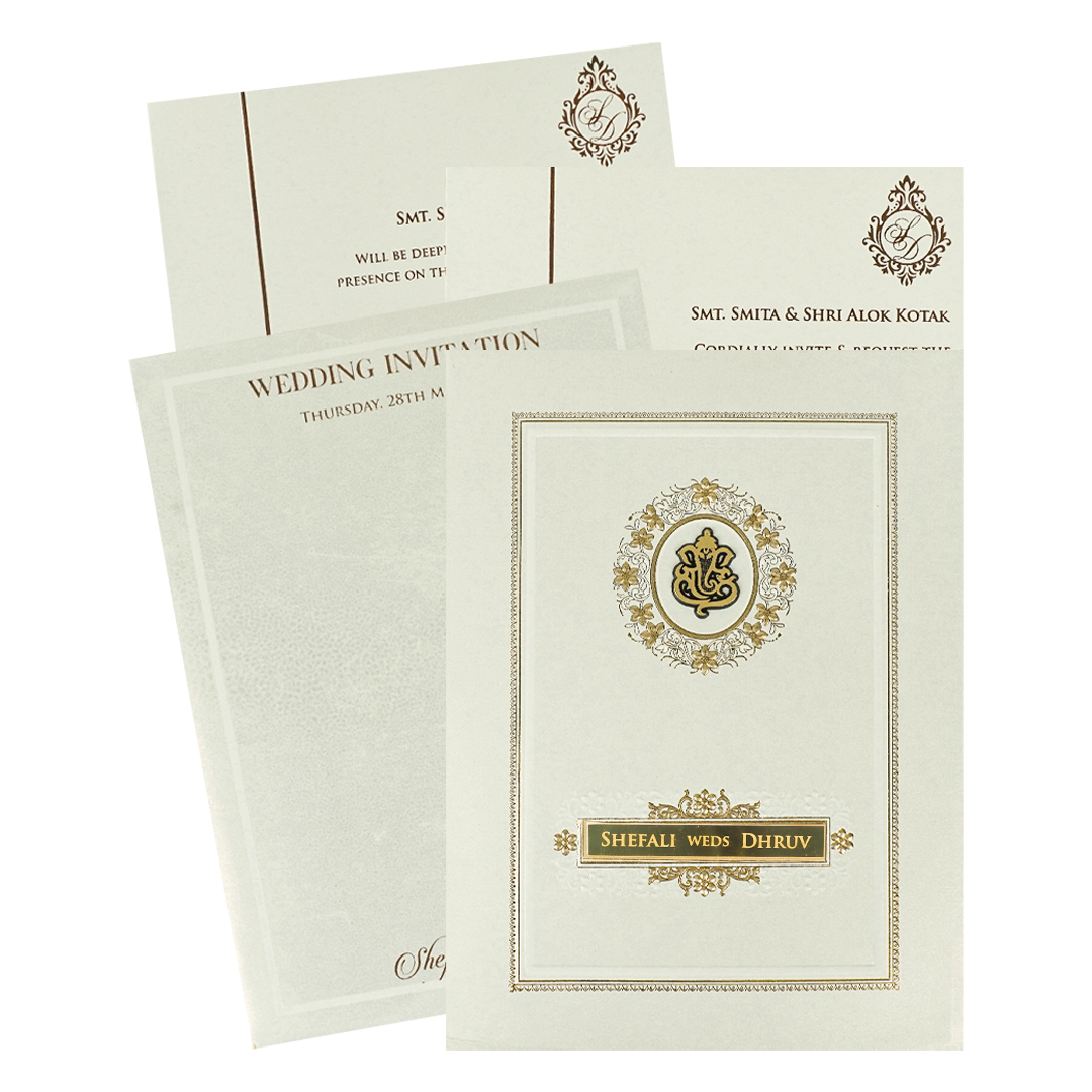 White Ganesha Floral Padded Wedding card-KRE28210