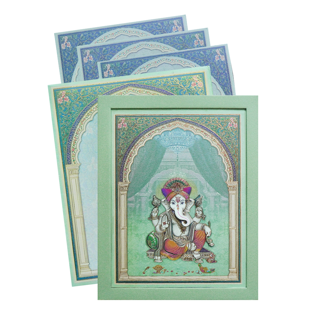 Mint Green Ganesha Padded Wedding Invitation Card-KPR24740