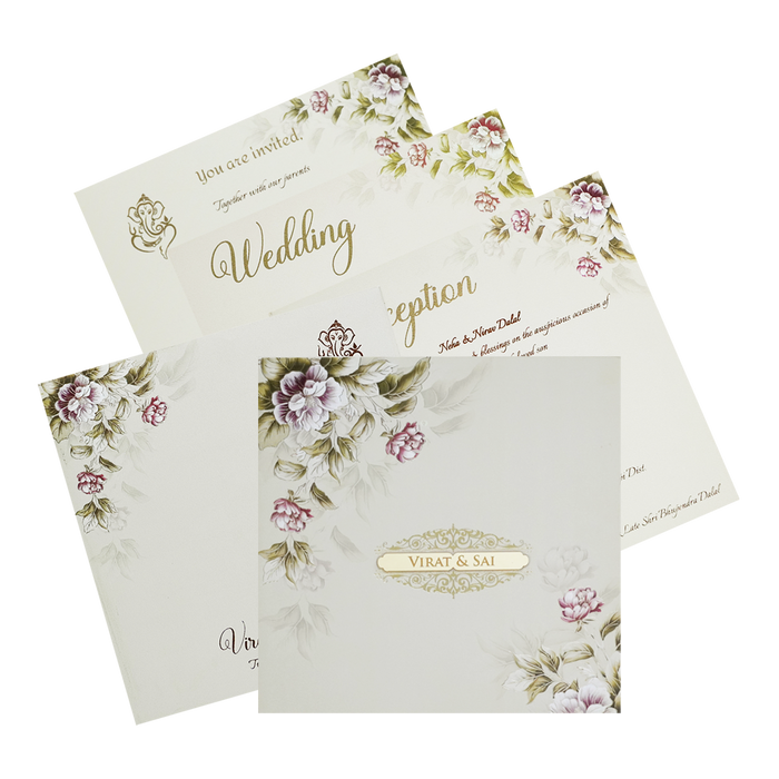 Beige Padded Floral Wedding Invitation Card-King of Cards