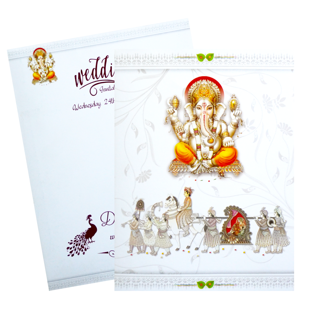White Classic Ganesha Wedding Card With Doli Baraat-KNK1292-King of Cards