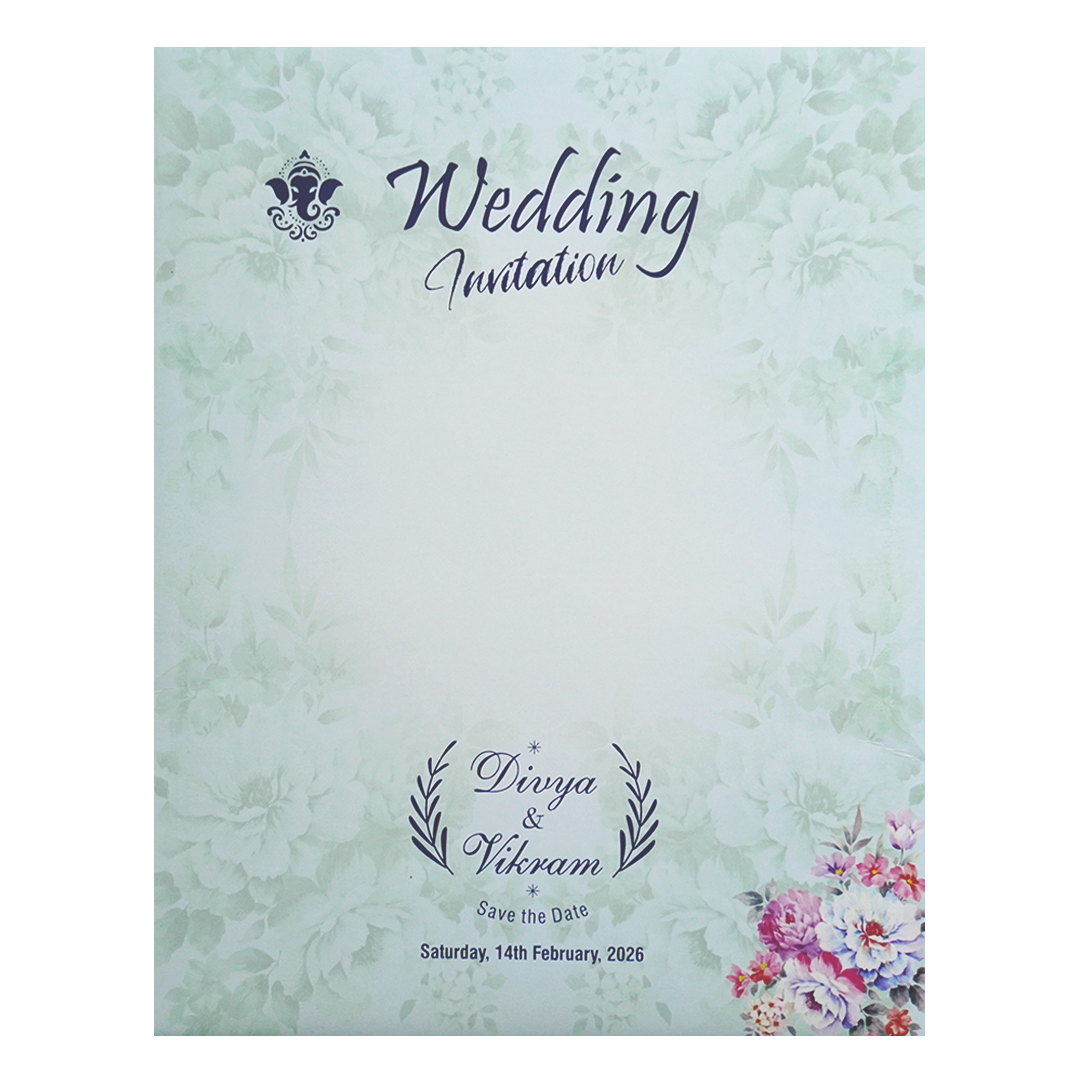 Check out this mint-blue floral Ganesha wedding card at best price. ✅WhatsApp Support ✅Express Delivery. | King of Cards.