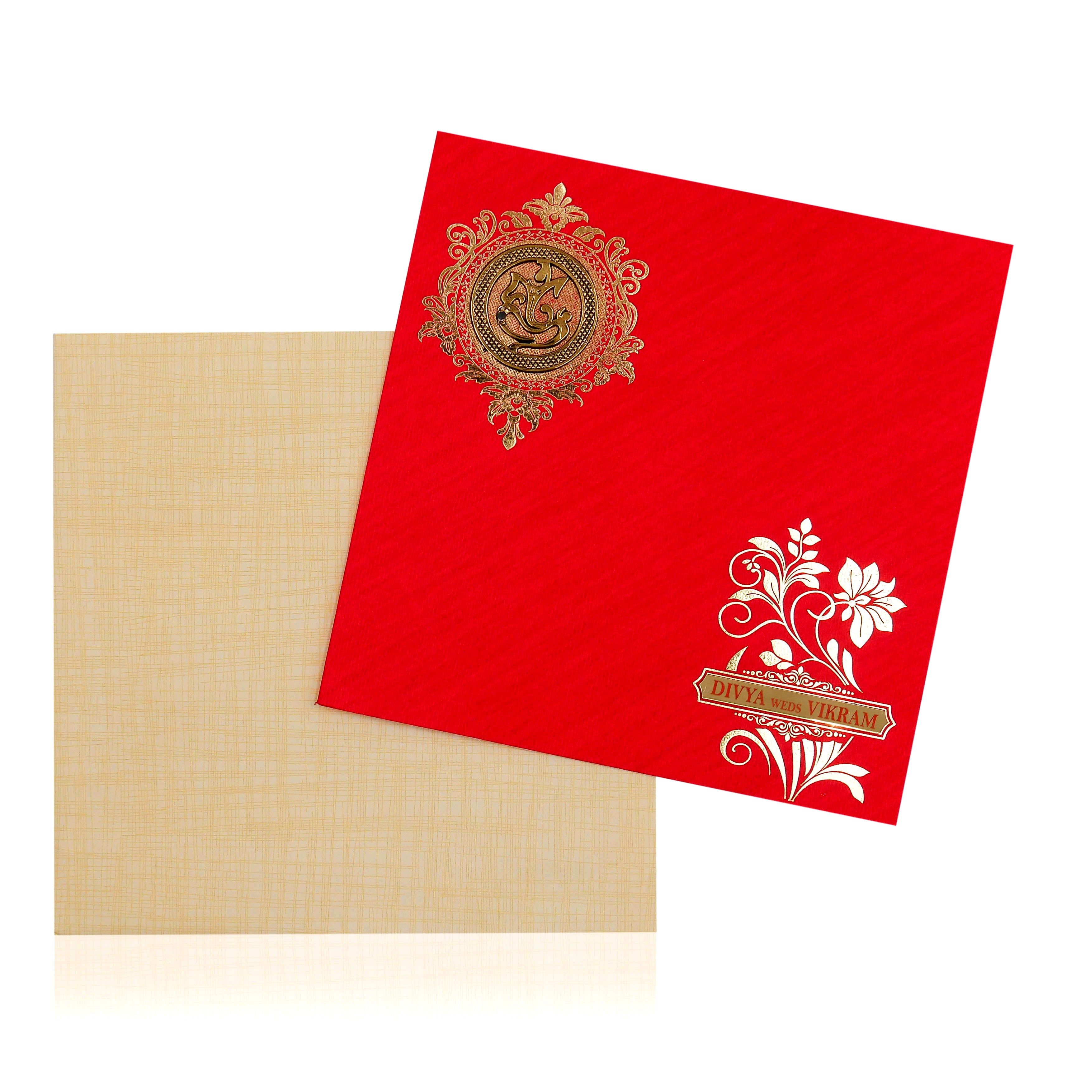 Red Wedding Invitation Card With Name Plate And Ganesha Sticker-KNBP901R