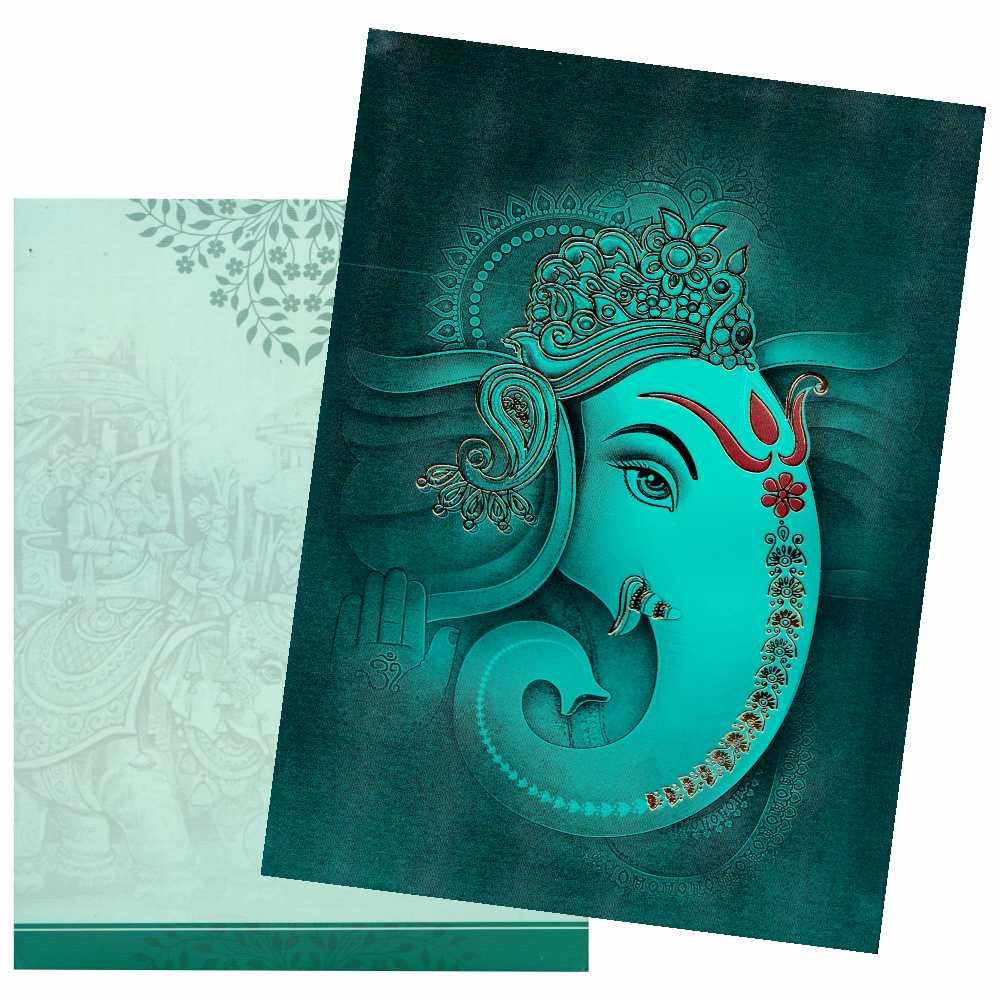 Gorgeous Green Shading With Ganesha Design Padded Wedding Card - KAP49290