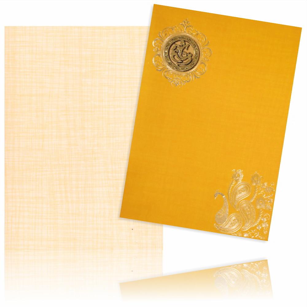 Orange Classic Paper Print Peacock Print And Ganesha Sticker Wedding Invitation Card-KNCP812O
