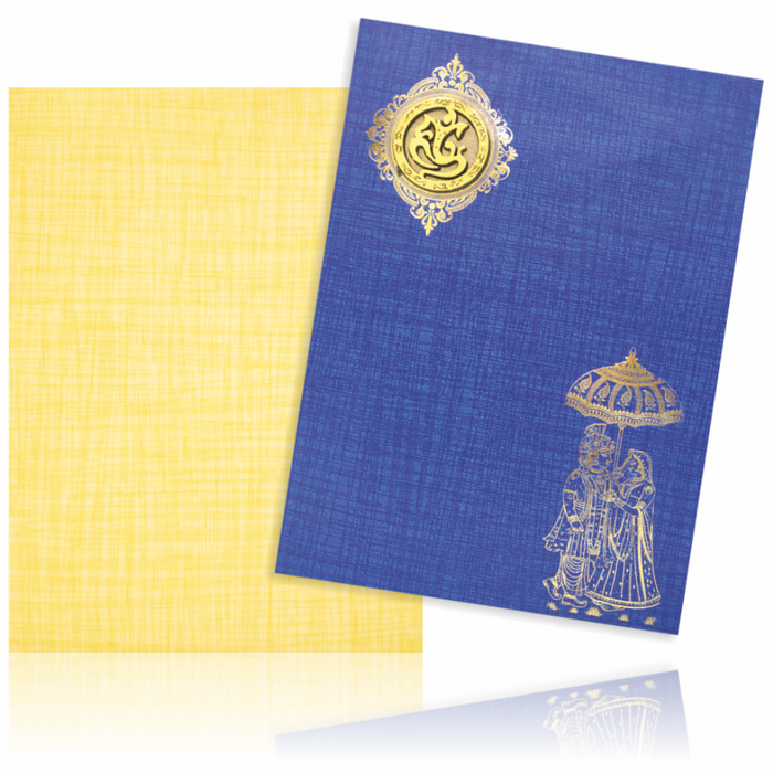 Blue Classic Paper Print Bride And Groom Wedding Card With Ganesha Emblem-KNCP814B-King of Cards