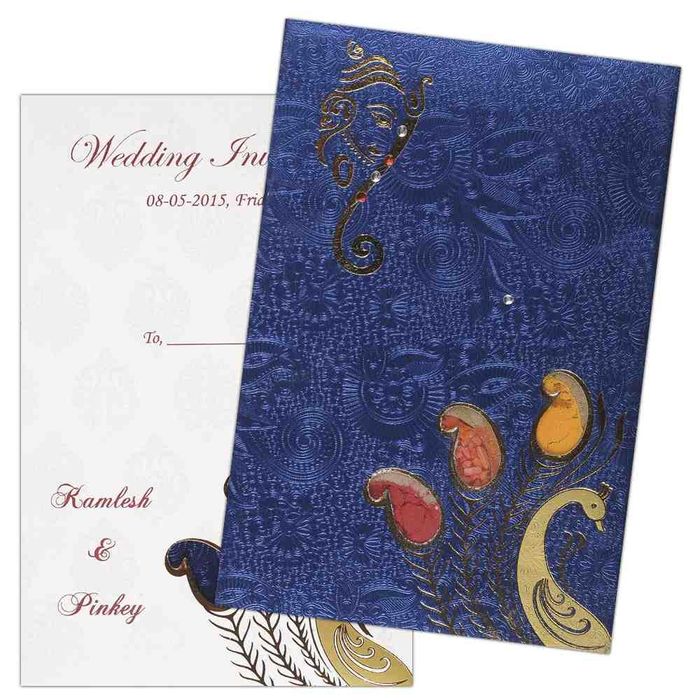 Invitation Card - Ganesha and Peacock invitation card on Metallic blue - KNK1256-King of Cards