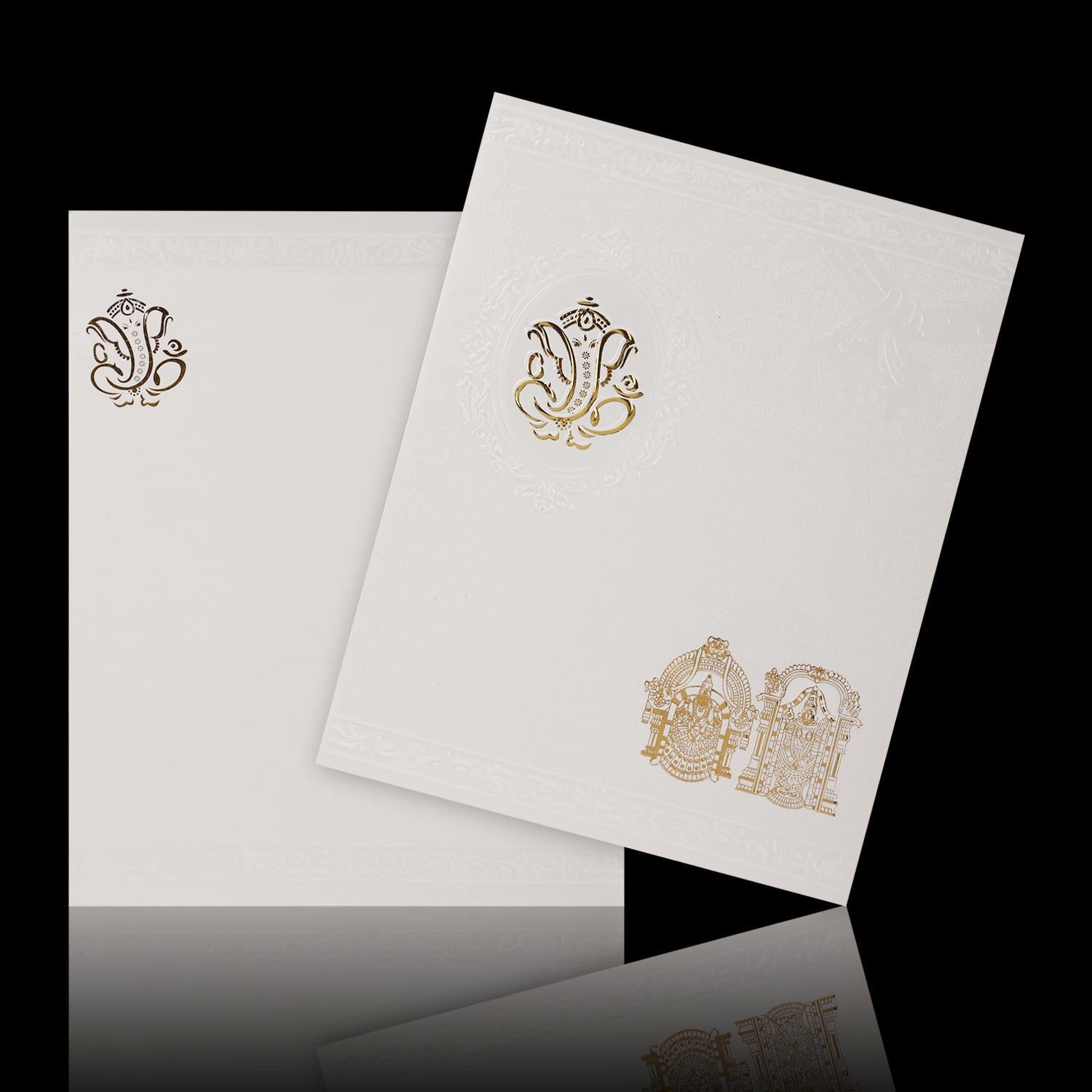 Unique Gold Foiling Ganesha With Pristine White Shading Wedding Card - KNK2788
