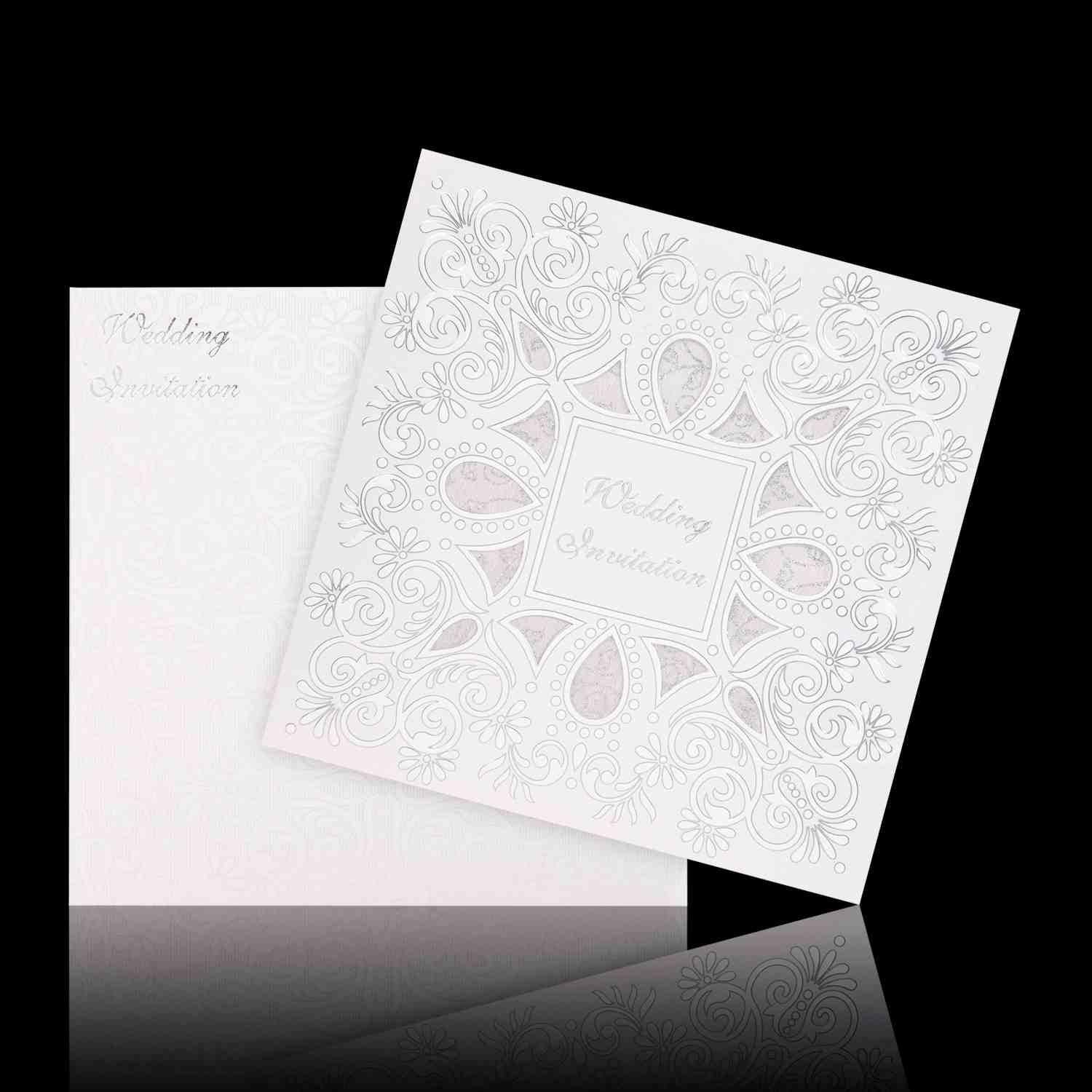 Classic Silver Wolly White Invitation Wedding Card - KNK30580