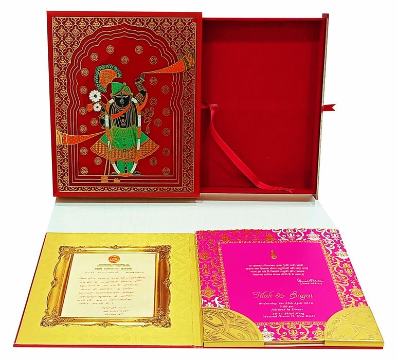 Our red ultra premium box invite features a astonishing design of Krishna on the top surface of the box with gold foiling design.