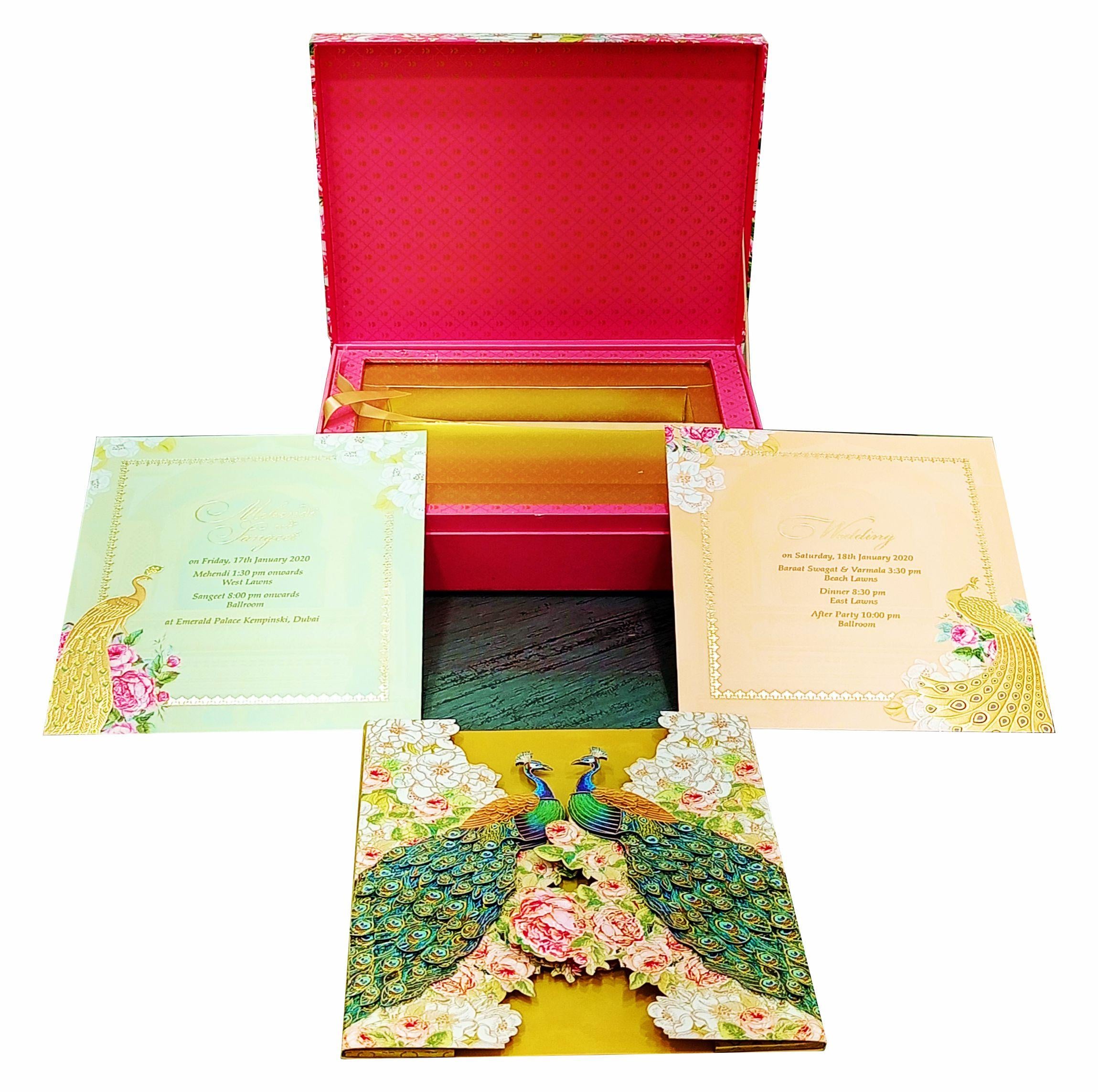 Pink Roses And Colourful Peacocks Ultra Premium Wedding Card-KNKUP033