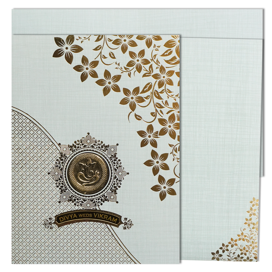 Grey Ganesha Floral Designer Wedding Card-KNK7082G