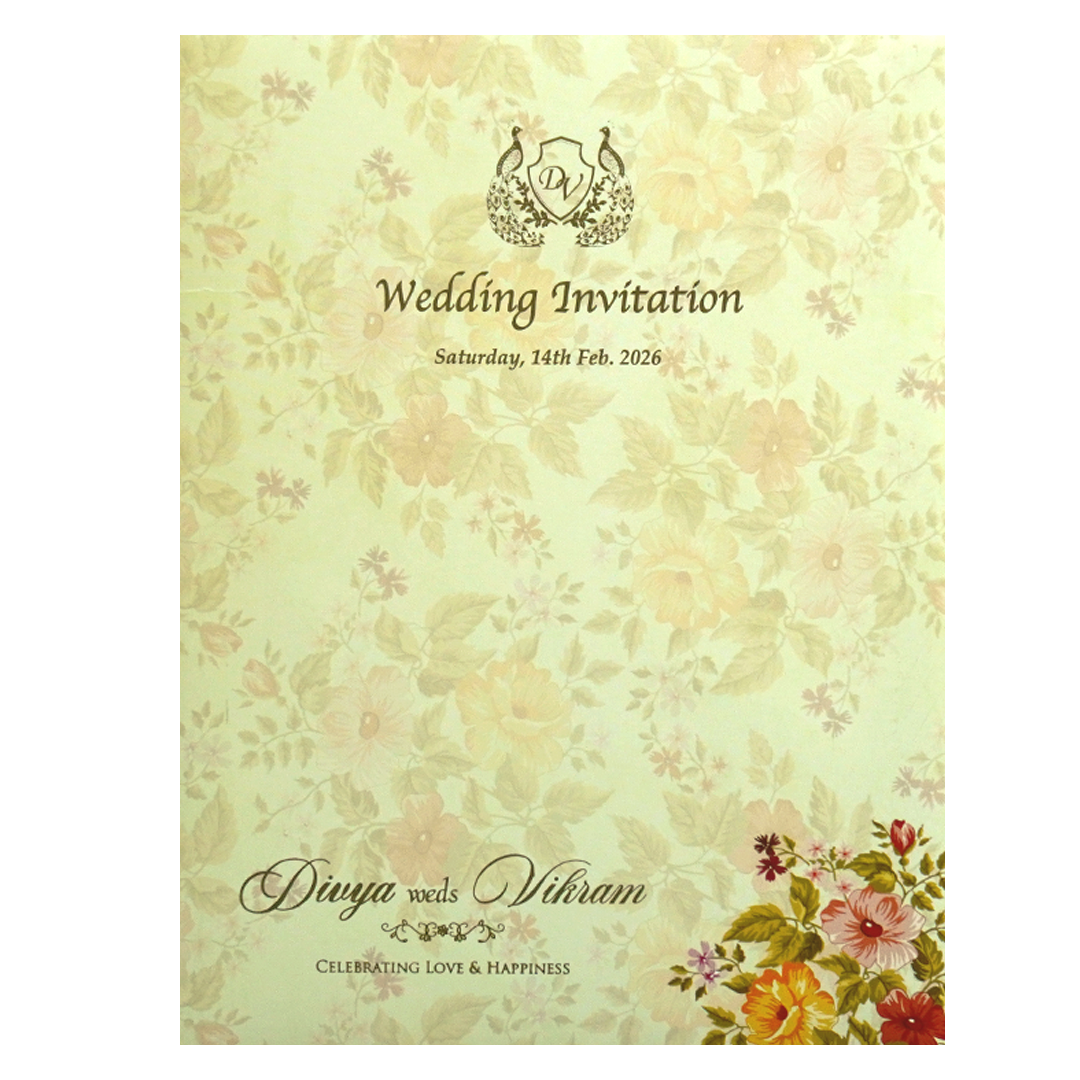 Olive Green Classic Designer Floral Offset Wedding Card With Name Plate-KNKC4031-King of Cards