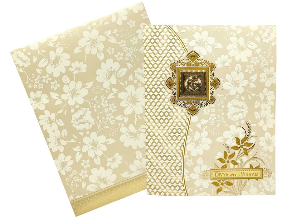 White Embossed Floral Design With Ganesha And Name Plate-KNJS2060-King of Cards