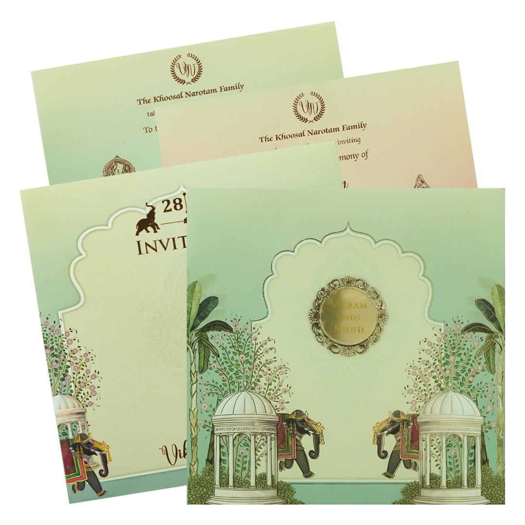 Mint Green Royal Elephant Padded Wedding Card-KRE27120