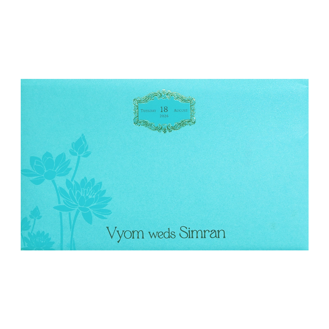 Blue Gold Embossed Lotus Wedding Invitation Card-KPR06340
