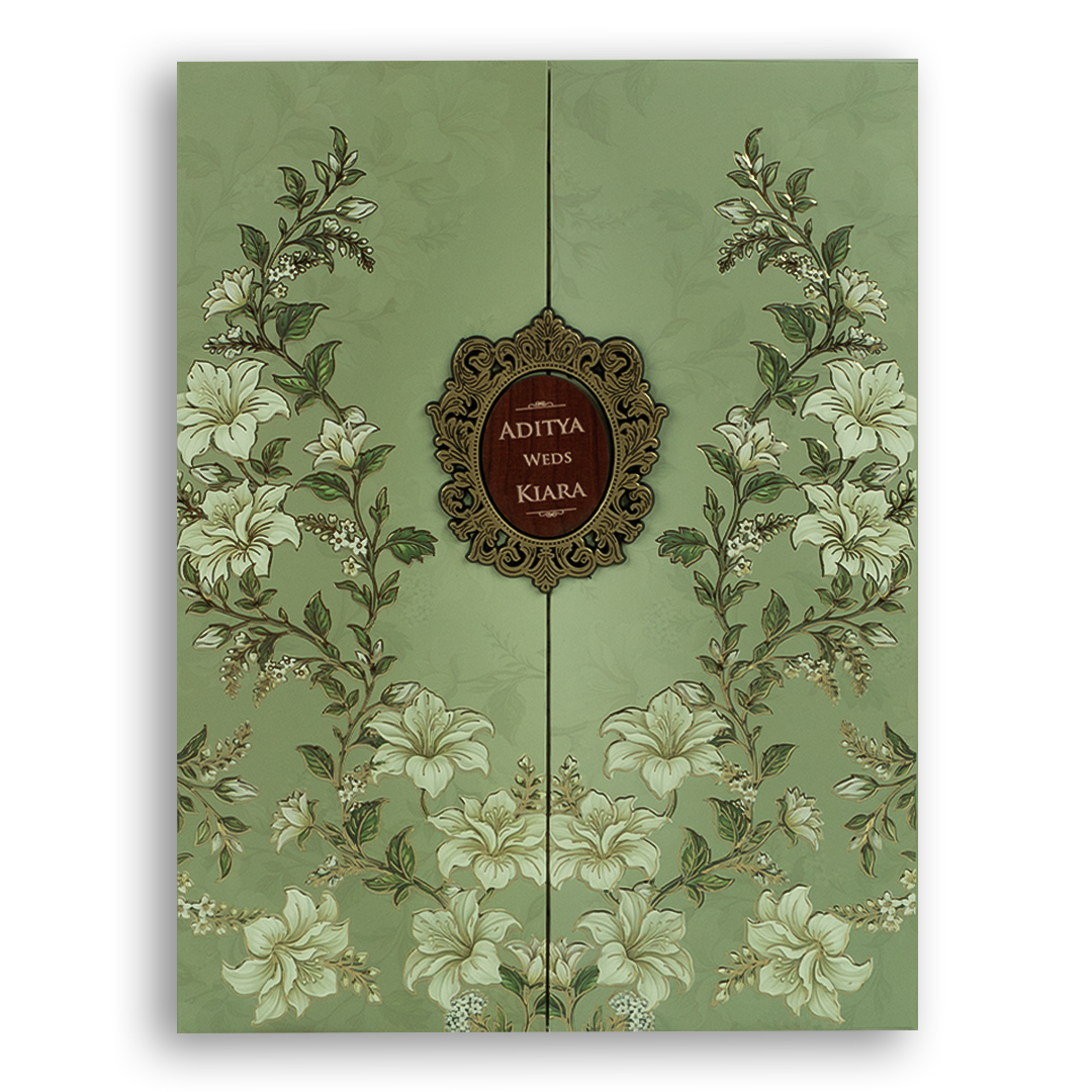 Green Embossed Lilly Flower Door Style Padded Wedding Card - KFR17510
