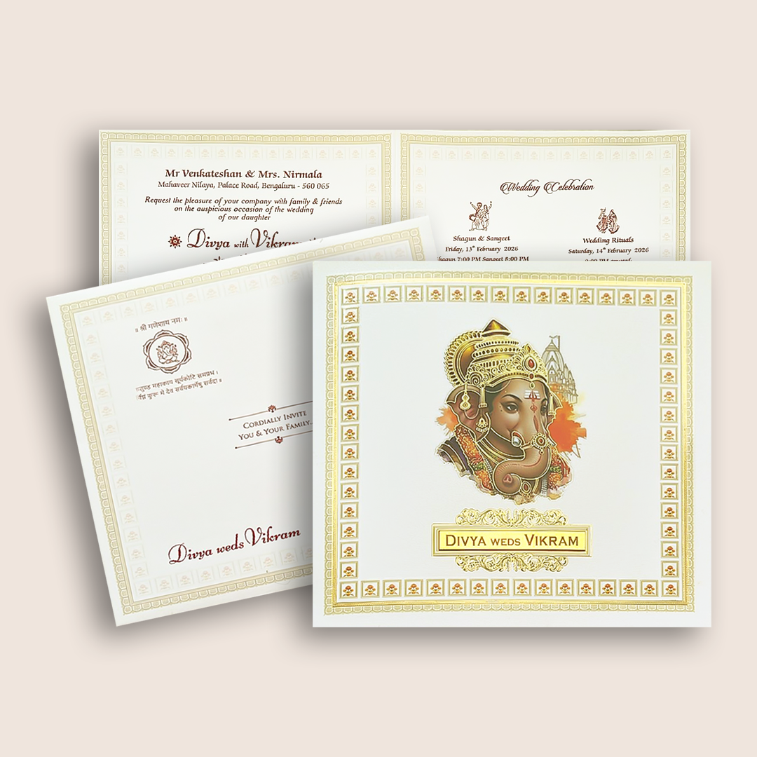 White Ganesha Floral Wedding Card - KNKD8115