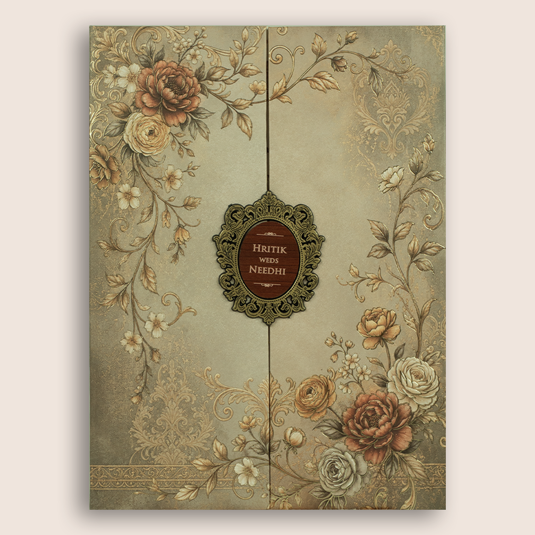 Pastel Brown Floral Door Style Padded Wedding Invitation - KSH27080