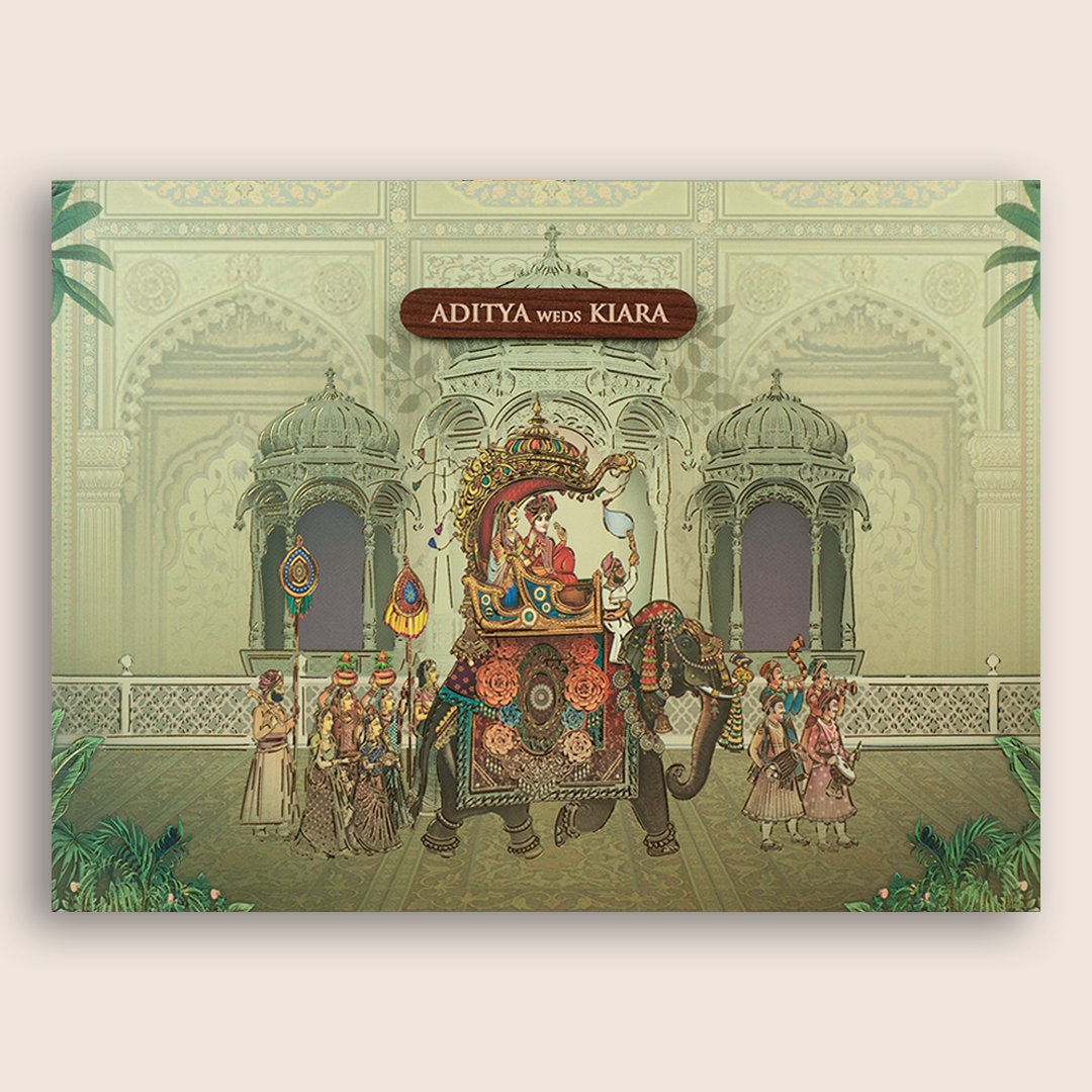 Pale Green Royal Baraat Padded Wedding Card - KFR17490