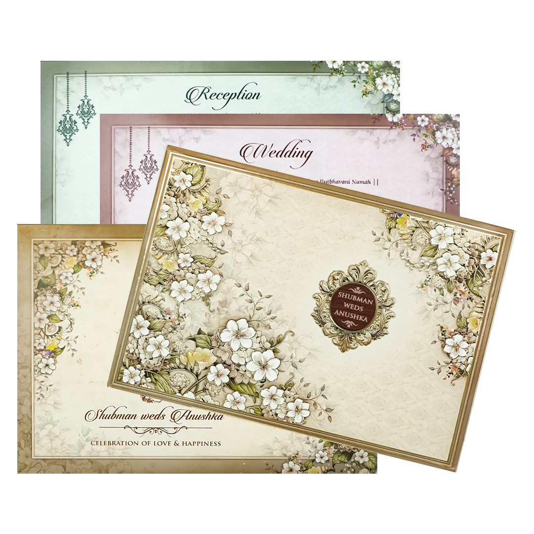 Cream White Floral Padded Wedding Card-KRB09280