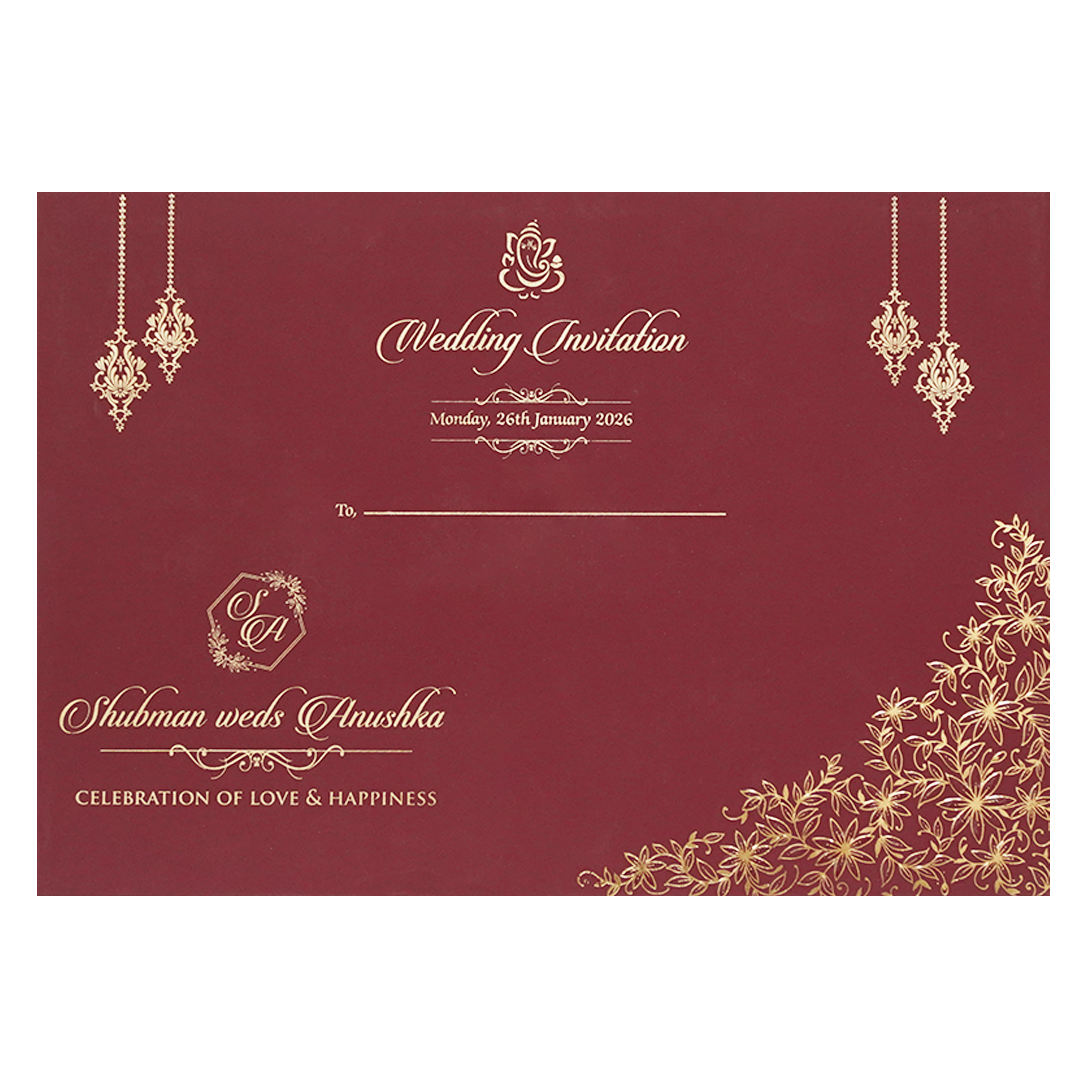 White Padded Wedding Invitation Card with Raised Gold Embossed Design-KRB09801