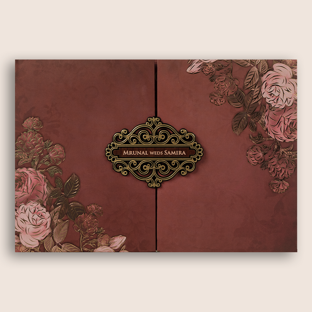 Maroon Floral Padded Door Style Wedding Invitation - KVN07160