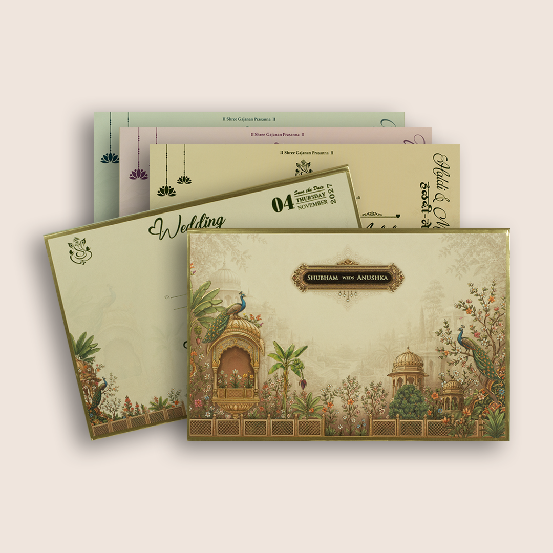 Beige Embossed Jharokha Padded Wedding Invitation - KSH18080
