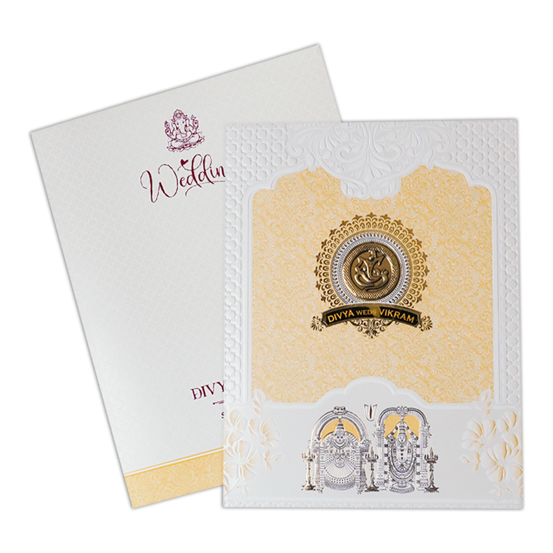 Yellow Embossed Balaji Padded Wedding Card-KNMS9310