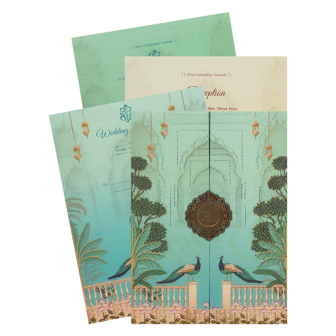 Check out Green Padded Peacock Door Style Wedding Card at best price. ?WhatsApp Support ?Express Delivery.