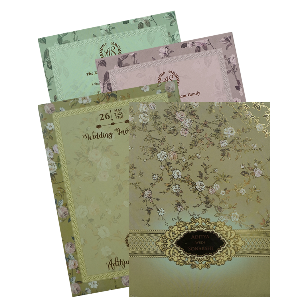 Green Floral Gold Frame Padded Wedding Card-KRE27260