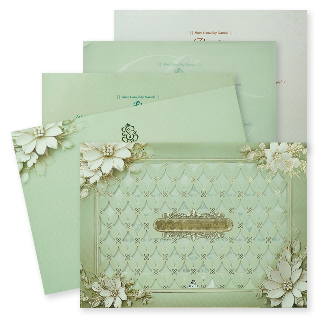 Check out Mint Green Floral Laser Cut Padded Wedding Card at best price.✅WhatsApp Support ✅Express Delivery.|King of cards.